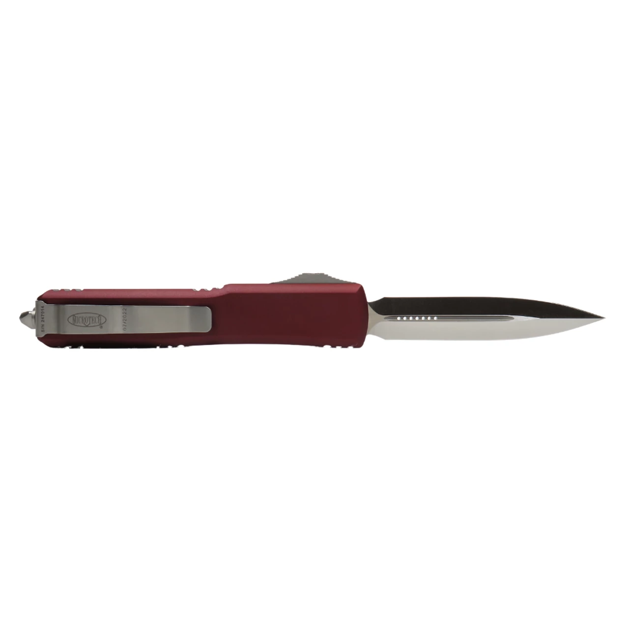 MICROTECH Ultratech 3.4in Satin Dagger Merlot Aluminum Handle Automatic Out-The-Front Knife (122-4MR) 4 MICROTECH Ultratech 3.4in Satin Dagger Merlot Aluminum Handle Automatic Out-The-Front Knife (122-4MR) - Image 2