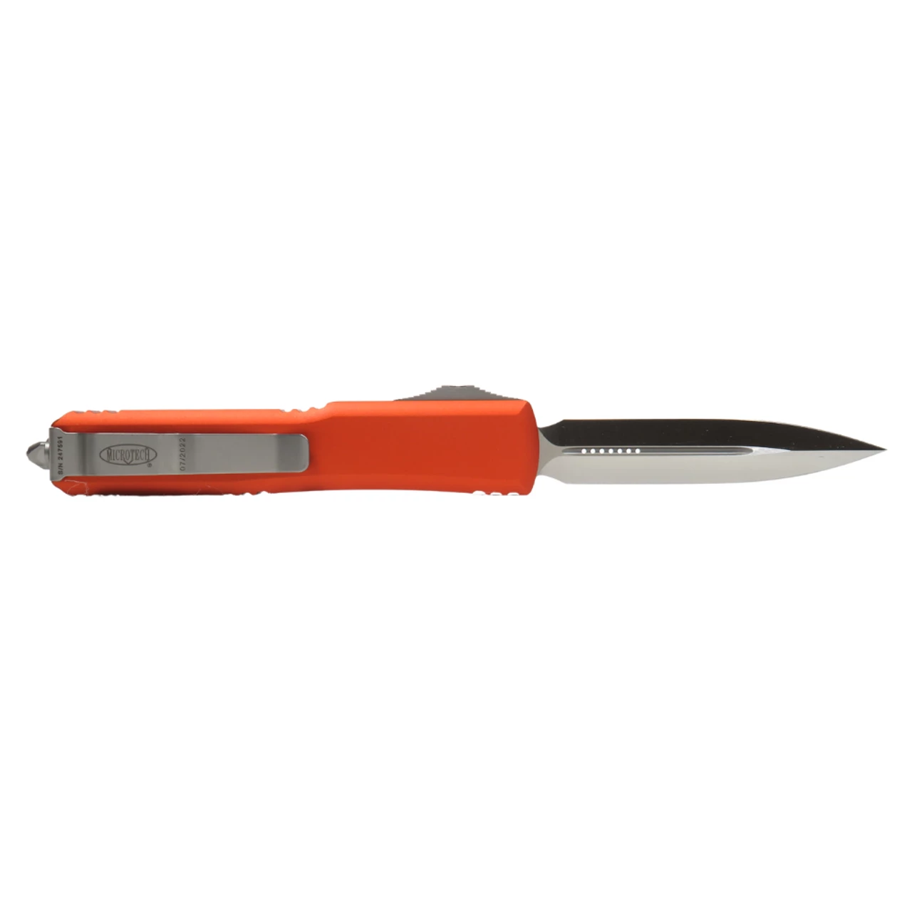 MICROTECH Ultratech 3.4in Satin Dagger Orange Aluminum Handle Automatic Out-The-Front Knife (122-4OR) 4 MICROTECH Ultratech 3.4in Satin Dagger Orange Aluminum Handle Automatic Out-The-Front Knife (122-4OR) - Image 2