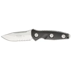 MICROTECH Socom Alpha Mini 3.75in Stonewash Serrated Clip Point Black G-10 Handle Fixed Blade Knife With Carbon Fiber Sheath (113M-11)