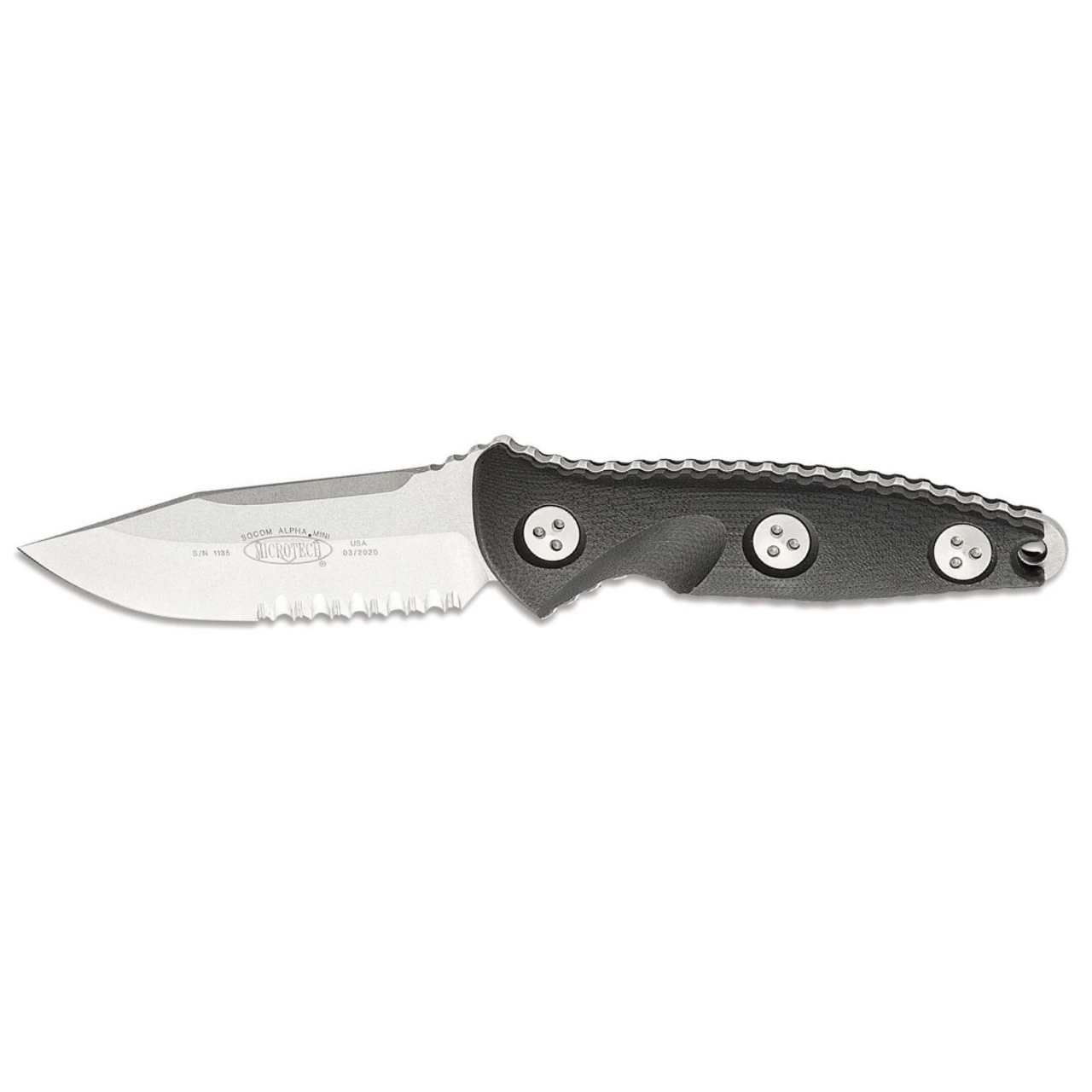 MICROTECH Socom Alpha Mini 3.75in Stonewash Serrated Clip Point Black G-10 Handle Fixed Blade Knife With Carbon Fiber Sheath (113M-11) 3 MICROTECH Socom Alpha Mini 3.75in Stonewash Serrated Clip Point Black G-10 Handle Fixed Blade Knife With Carbon Fiber Sheath (113M-11)