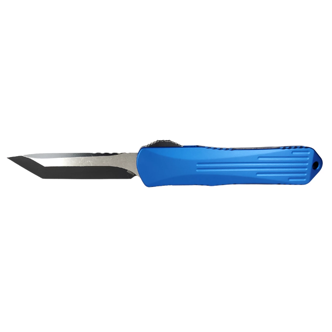 HERETIC Manticore-E 3.2in Two-Tone Black Battleworn Tanto Blue Aluminum Handle Automatic Out-The-Front Knife (H027-8A-BLU) 3 HERETIC Manticore-E 3.2in Two-Tone Black Battleworn Tanto Blue Aluminum Handle Automatic Out-The-Front Knife (H027-8A-BLU)