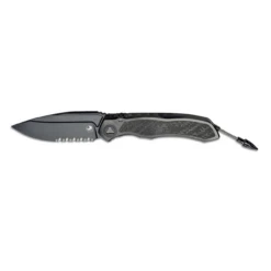 MICROTECH Anax 3.8in Black Drop Point Serrated Black Titanium With Carbon Fiber Inlay Handle Manual Folding Knife (109C-2DLCTCFITI)