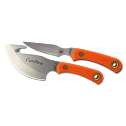 KNIVES OF ALASKA 4in Bead Blast Cleaver And 3.375in Bead Blast Clip Point Blade Orange SureGrip Handles Fixed Blade Knives Combo With Leather Sheath (00016FG)