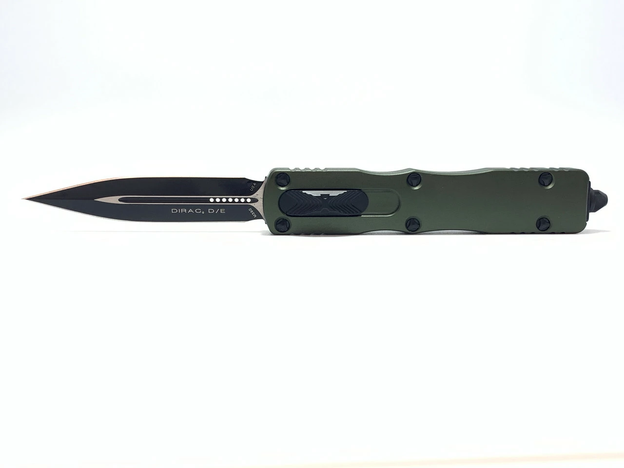 MICROTECH Dirac 2.9in Black Dagger OD Green Aluminum Handle Automatic Out-The-Front Knife (225-1OD) 3 MICROTECH Dirac 2.9in Black Dagger OD Green Aluminum Handle Automatic Out-The-Front Knife (225-1OD)