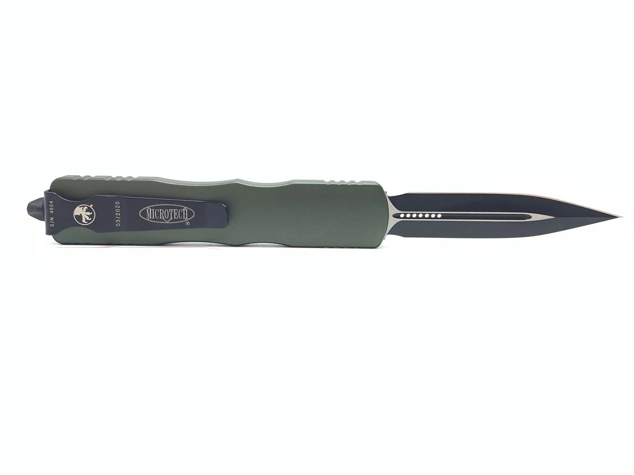 MICROTECH Dirac 2.9in Black Dagger OD Green Aluminum Handle Automatic Out-The-Front Knife (225-1OD) 4 MICROTECH Dirac 2.9in Black Dagger OD Green Aluminum Handle Automatic Out-The-Front Knife (225-1OD) - Image 2