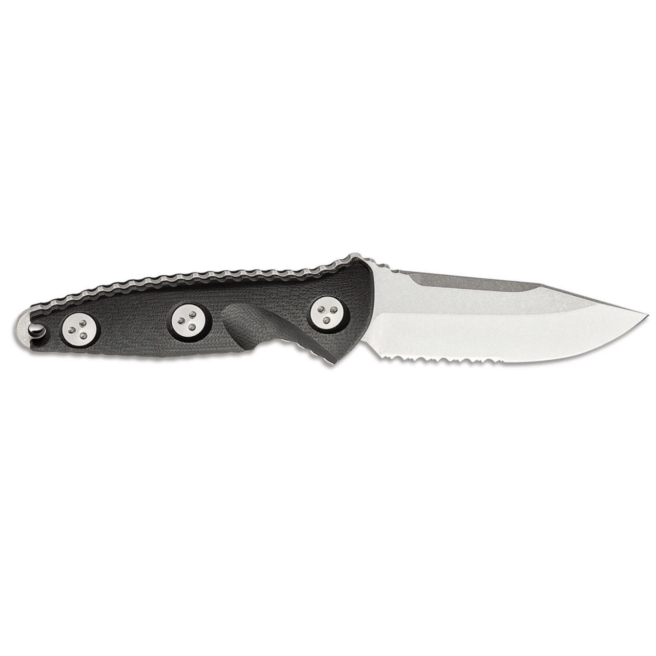 MICROTECH Socom Alpha Mini 3.75in Stonewash Serrated Clip Point Black G-10 Handle Fixed Blade Knife With Carbon Fiber Sheath (113M-11) 4 MICROTECH Socom Alpha Mini 3.75in Stonewash Serrated Clip Point Black G-10 Handle Fixed Blade Knife With Carbon Fiber Sheath (113M-11) - Image 2