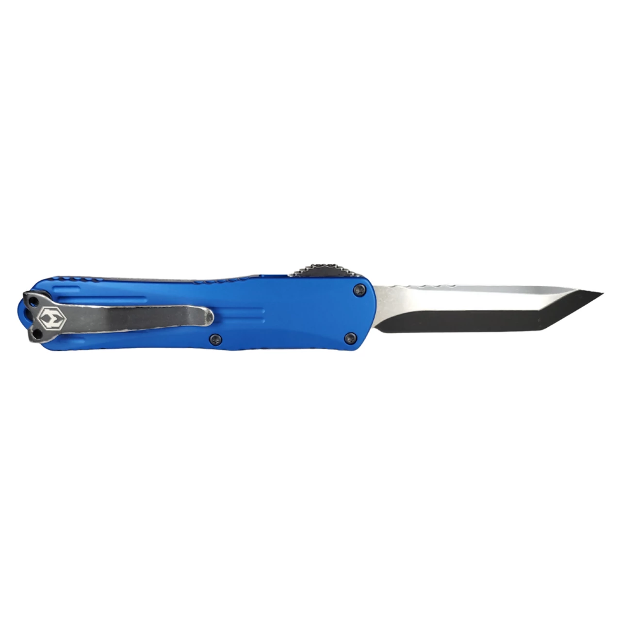 HERETIC Manticore-E 3.2in Two-Tone Black Battleworn Tanto Blue Aluminum Handle Automatic Out-The-Front Knife (H027-8A-BLU) 4 HERETIC Manticore-E 3.2in Two-Tone Black Battleworn Tanto Blue Aluminum Handle Automatic Out-The-Front Knife (H027-8A-BLU) - Image 2