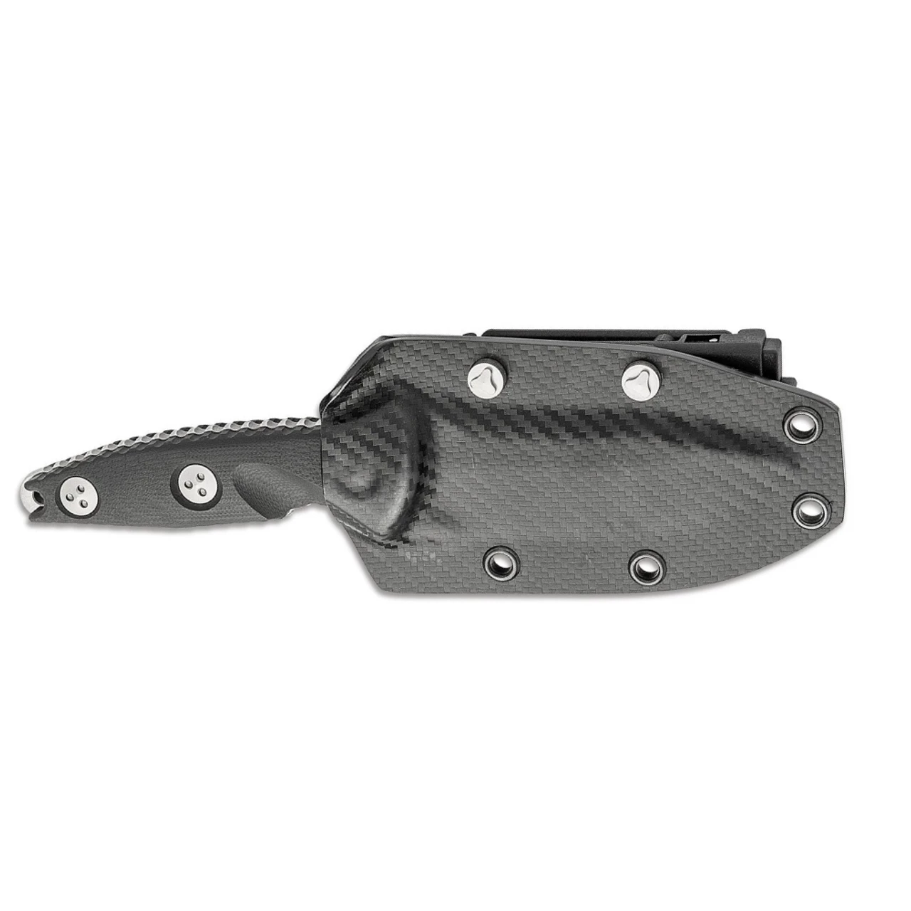 MICROTECH Socom Alpha Mini 3.75in Stonewash Serrated Clip Point Black G-10 Handle Fixed Blade Knife With Carbon Fiber Sheath (113M-11) 5 MICROTECH Socom Alpha Mini 3.75in Stonewash Serrated Clip Point Black G-10 Handle Fixed Blade Knife With Carbon Fiber Sheath (113M-11) - Image 3