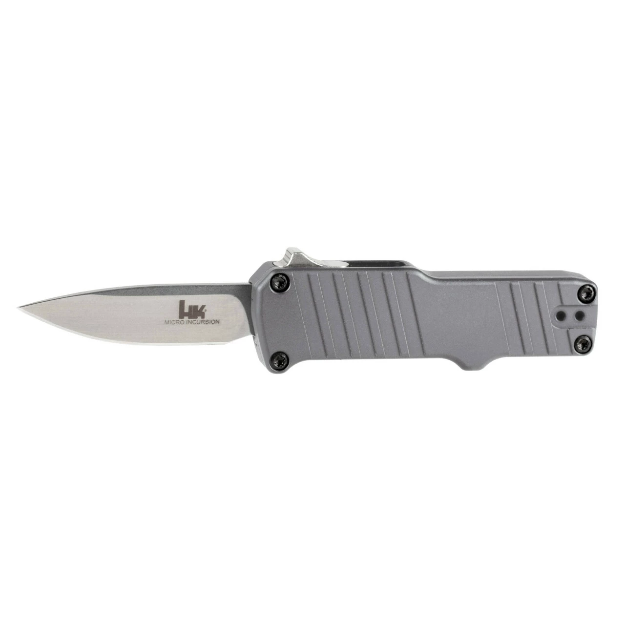 HOGUE / HK KNIVES Micro Incursion 1.95in Stonewash Drop Point Gray Aluminum Handle Automatic Out-the-Front Knife (54032) 3 HOGUE / HK KNIVES Micro Incursion 1.95in Stonewash Drop Point Gray Aluminum Handle Automatic Out-the-Front Knife (54032)