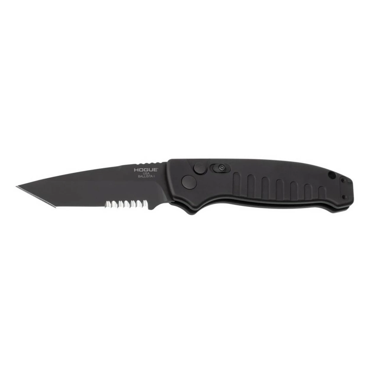 HOGUE Ballista 3.5in Black Serrated Tanto Black Aluminum Handle Automatic Folding Knives (64120) 3 HOGUE Ballista 3.5in Black Serrated Tanto Black Aluminum Handle Automatic Folding Knives (64120)
