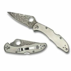 SPYDERCO Delica 2.95in Damascus Drop Point Gray Titanium Handle Manual Folding Knife (C11TIPD)